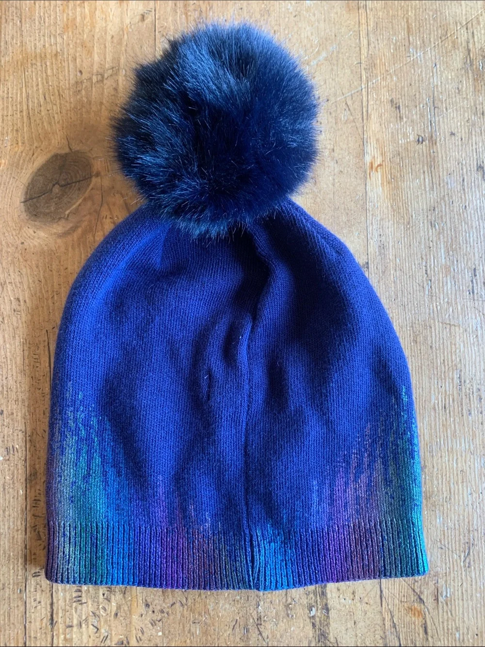 Adrienne Landau Womens Iridescent Navy Beanie with Pom